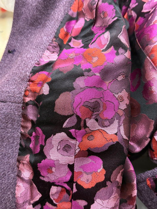 Fabulous 1960's Purple Wool Tweed Dress and Jacket Set With Floral Brocade Lining / M