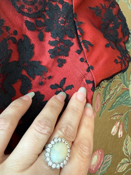 Gorgeous 1950's Red Taffeta Evening Dress With Black Floral Lace / S