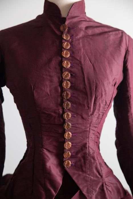 Antique 1880s Bustle Era Two-Piece in Aubergine Silk Taffeta with Celestial Buttons / XS