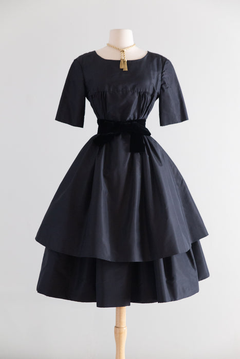 Exquisite Late 1950's Gustave Tassell Black Silk Taffeta Couture Cocktail Dress / S