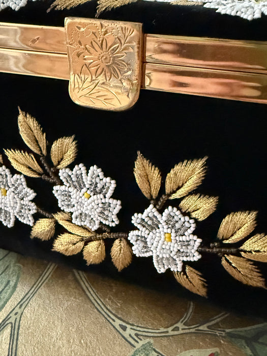 Beautiful 1960s Black Velvet Box Bag with Beaded Floral Embroidery
