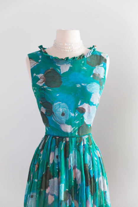 Dreamy Early 60's Teal Blue Impressionist Rose Print Cotton Sundress / S