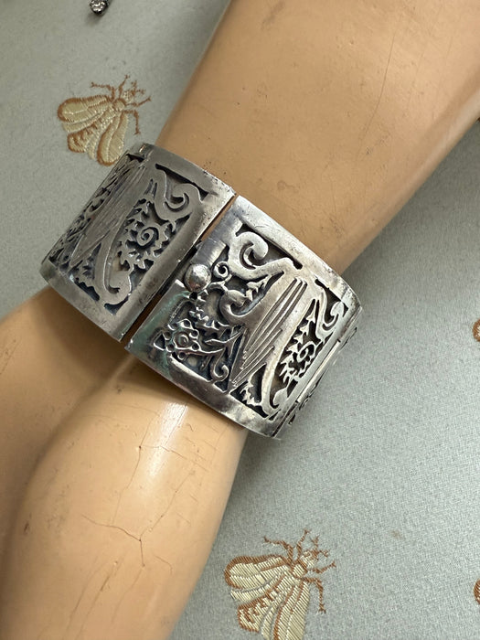Gorgeous Vintage Wide 1950’s Sterling Silver Bracelet By Talleres De Los Ballestros Mexico
