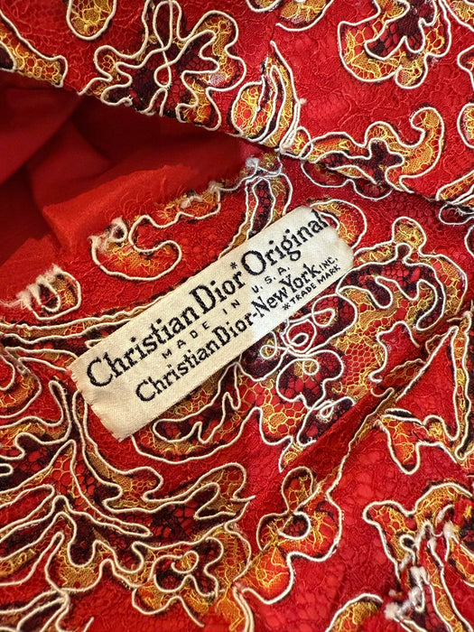 Glamorous Late 1950's Christian Dior Originals Scarlet Demi Couture Corded Lace Cocktail Dress & Matching Jacket / SM