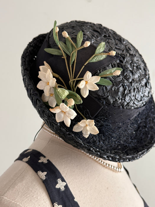 Darling 1950's Navy Blue Woven Straw Hat With White Millenary Flowers By LaRose / SM
