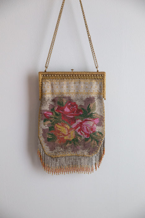 Beautiful Antique Edwardian Rose Micro Beaded Handbag