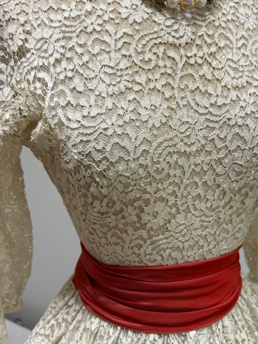 Stunning 1950's Ivory Lace Party Dress With Scarlet Sash & Sequins / Small