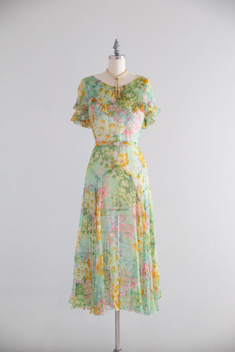 Dreamy 1930's Impressionist Floral Print Silk Chiffon Dress / SM