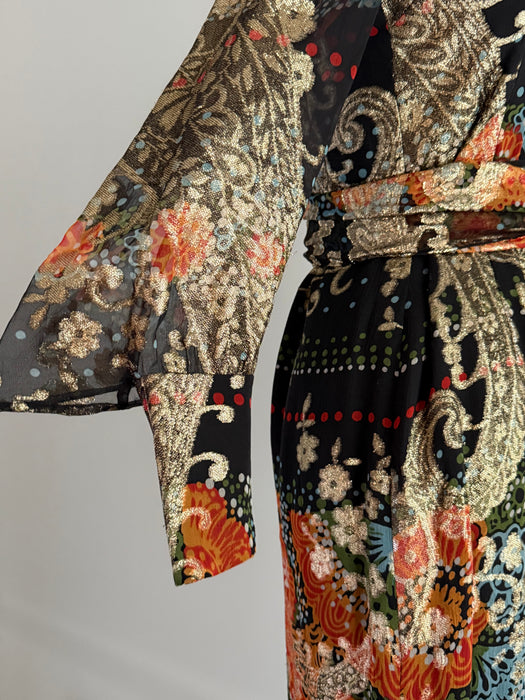 Fabulous 1970's Pauline Trigere Autumnal Night Garden Silk Lame' Evening Gown / S