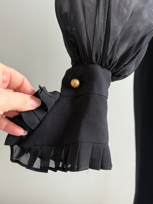 Late 80's Gianfranco Ferré Silk Dress with Sheer Bishop Sleeves & Gilt Buttons / SM