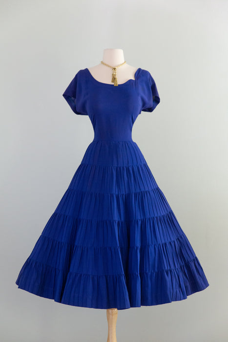 Stunning 1950's Larry Aldrich New Look Starburst Pleated Dress In Yves Klein Blue / M