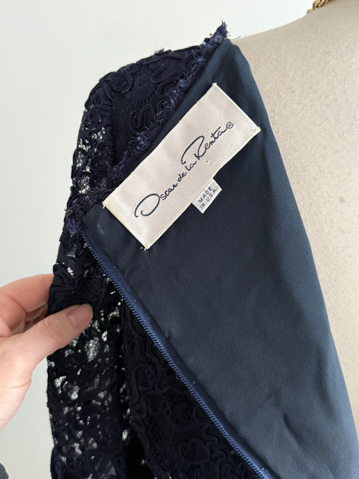 Elegant Vintage Oscar de La Renta Navy Blue Guipure Lace Cocktail Dress  / L