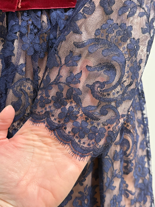 Stunning 1960's Saks Fifth Ave. Blue Lace Cocktail Dress With Crimson Velvet Sash / M