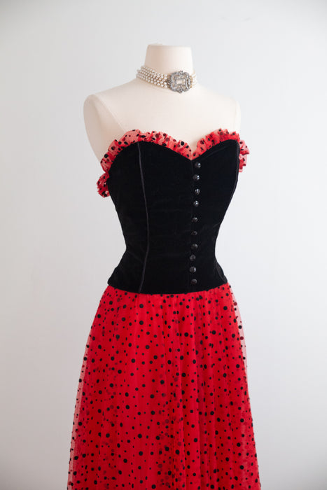 Fabulous Early 80's Caroline Charles London Black Velvet &  Polka Dot Tulle Gown / SM