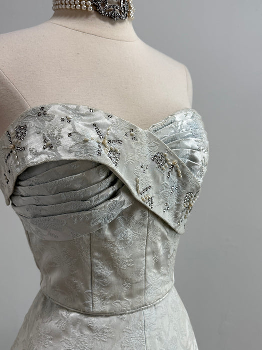 Exquisite 1950's Mirror Blue Brocade Formal Evening Gown By Robert Martin New York / S