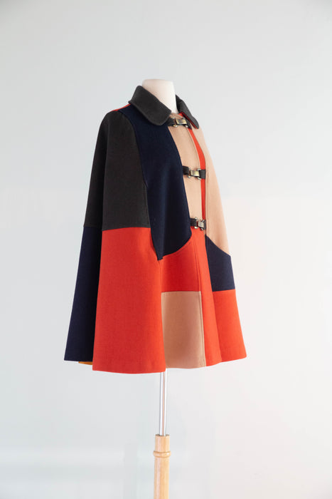 Fabulous 1960’s Autumnal Wool Color Block Cape / OS
