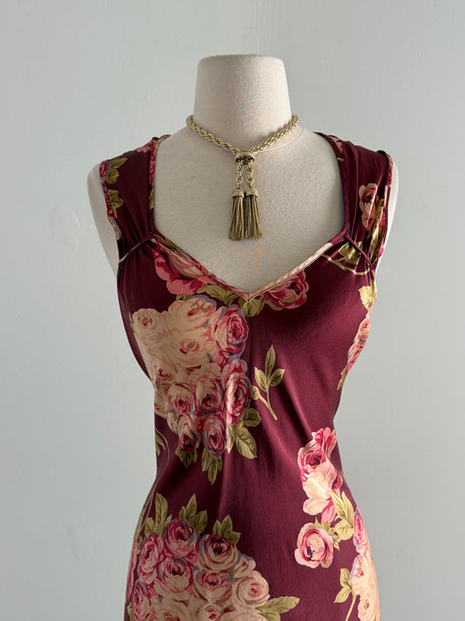 Stunning 1990's Bucolic Rose Print Silk Bias Cut Slip Dress by Mary Green / SM
