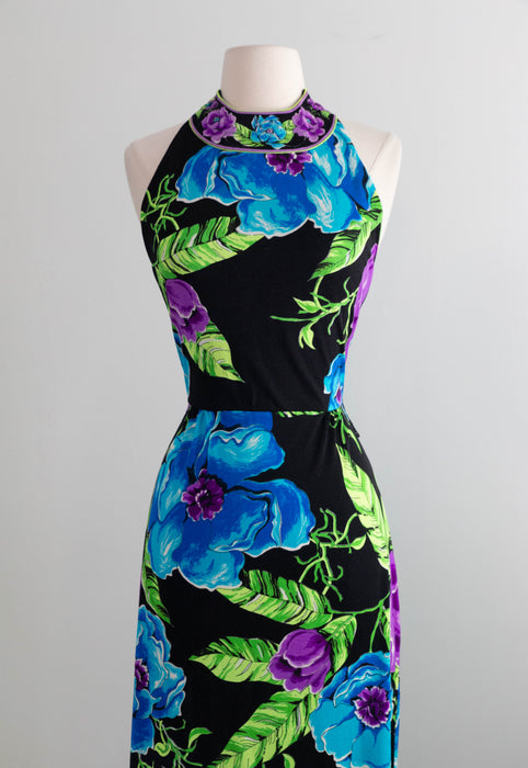 Divine 1970's Mr Dino Halter Neck Deep Tropical Floral Print Maxi Dress / SM