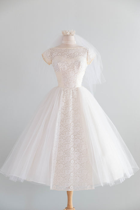 Quintessential 1950’s Vanilla Cupcake Tea Length Wedding Dress By Lorie Deb / Petite XS