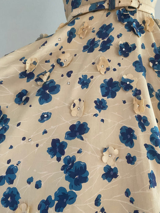 Spectacular 1950's Polished Cotton Floral Print Party Dress By Bramson / Small