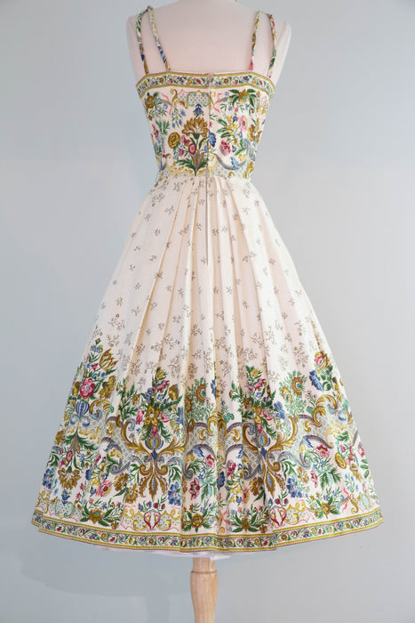 Breathtaking 1950’s Couture Party Dress in a Baroque Inspired Border Print / M