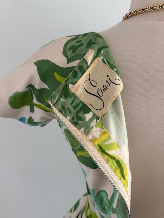 Rare Late 1950's Painterly Silk Floral Print Dress By Arnold Scaasi / XS
