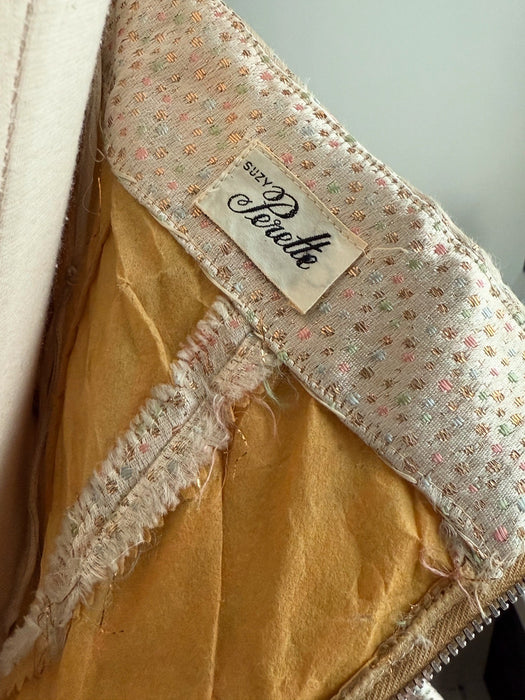 Glamorous 1950's Suzy Perette Gold Brocade Party Dress With Candy Colored Polka Dots / XS