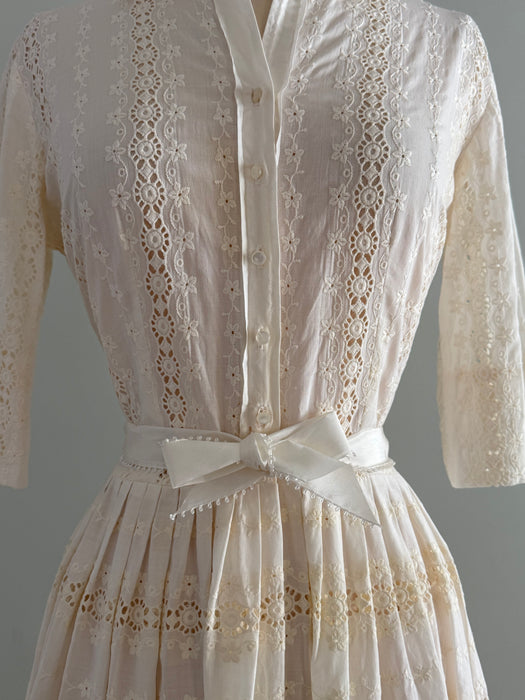 Classic 1950's Ivory Cotton Eyelet Shirtwaist Dress By L'Aignon / M Xtabay Vintage Classic 1950's Ivory Cotton Eyelet Shirtwaist Dress By L'Aignon / M Xtabay Vintage