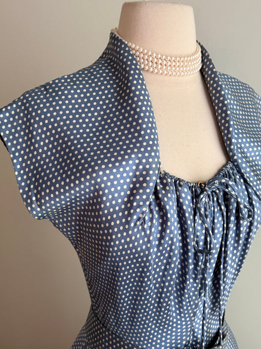 Rare Early 1950's New Look Era Blue Silk Polka Dot Dress Designed By Jacques Fath for Joseph Halpert / Small
