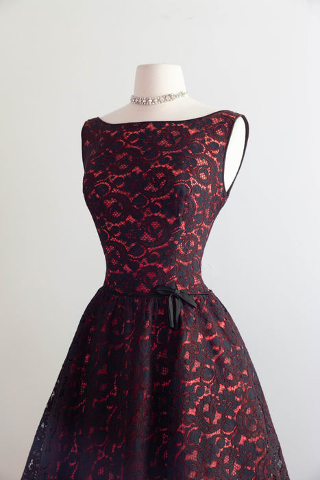 Fabulous Early 1960's Lace Party Dress In Black & Fire Engine Red / Small
