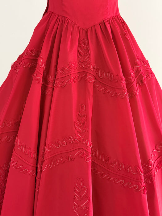 Showstopping 1950's Cherry Red Party Dress with Soutache Embroidery / S