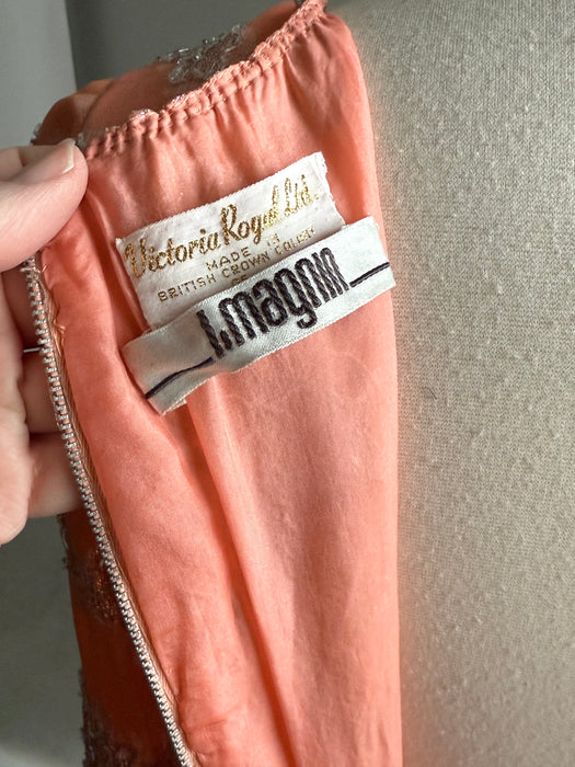 Fabulous 1960's Beaded Chiffon Evening Gown In Pumpkin Bisque / Small