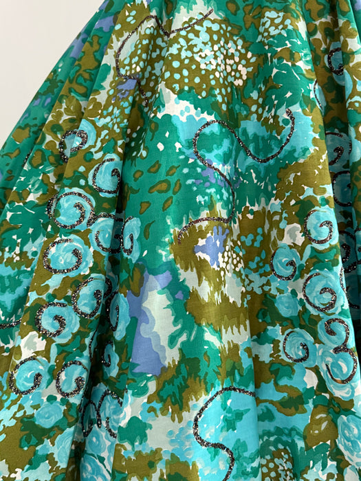 Gorgeous 1950's Monet's Garden Cotton Floral Dress With Glittering Swirls / Medium