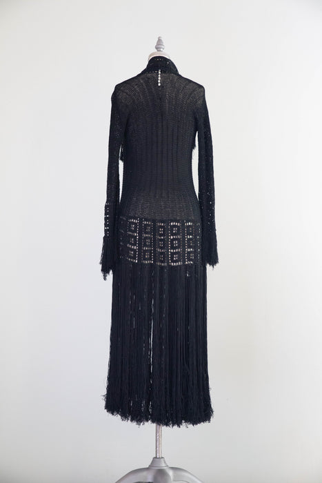 Sinuous 1920’s Black Silk Geometic Crochet Fringed Evening Dress Robe / Small