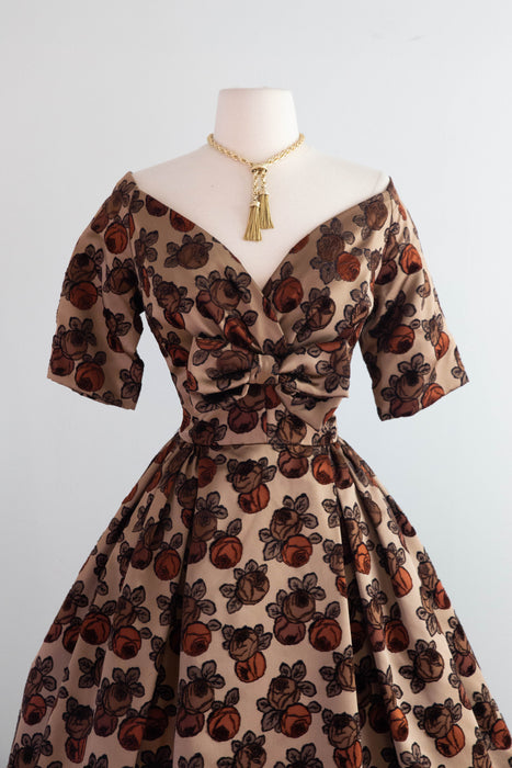Gorgeous 1950's New Look Couture Cocoa Silk Rose Print Cocktail Dress / S
