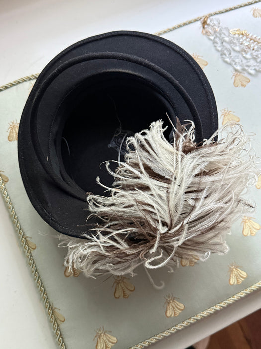 Iconic 1930's Black Felt Tilt Hat With Ostrich Plume / OS