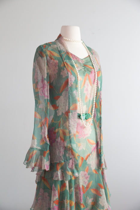 Exquisite Late 1920’s Green Silk Hydrangea Print Dress And Jacket Set / S