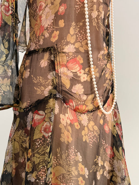 Gorgeous 1920's Autumn Floral Silk Chiffon Afternoon Dress / M