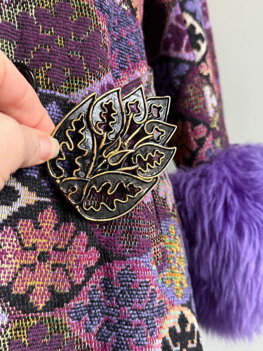 Iconic 1970's Country Pacer Tapesty Princess Coat With Purple Shearling Trim / M