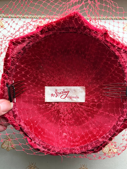 Scrumptious 1950's Red Panne Velvet Rose Bud Cocktail Hat By Mr. Irving