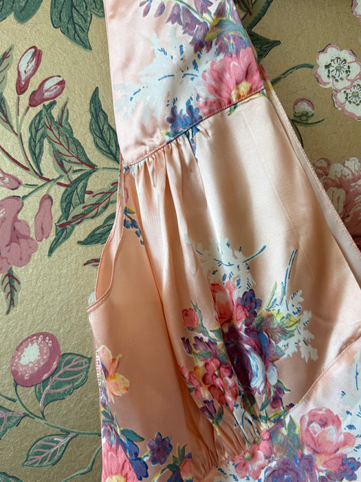 Dreamy 1940's Bias Cut Peach Satin Slip Dress With Floral Print By Corticelli / ML