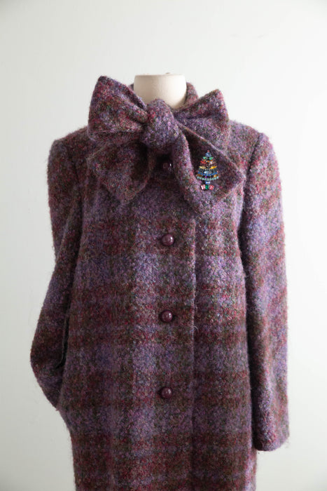Dreamy 1970’s Wool Boucle Bow-Neck Longline Coat / ML