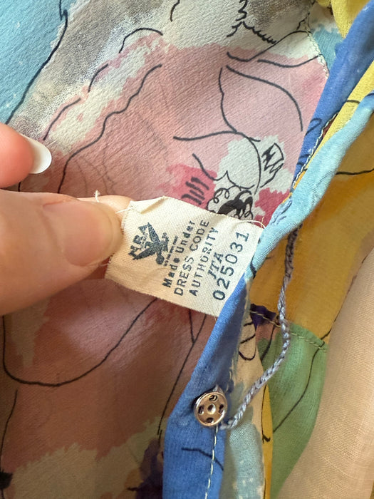 Rare 1930's Silk Chiffon Impressionist Floral Bias Cut Gown With Jacket With NRA Blue Eagle Label / Small