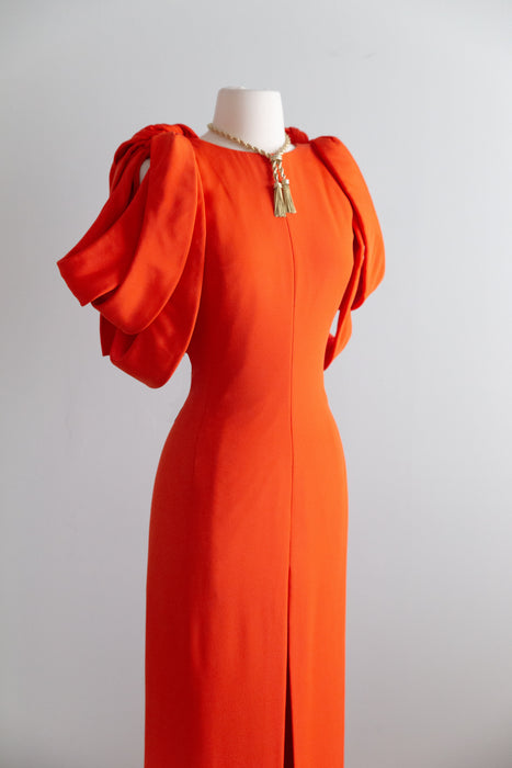 Stunning 1980’s Vermillion Silk Crepe Couture Evening Gown By Jacqueline de Ribes / S