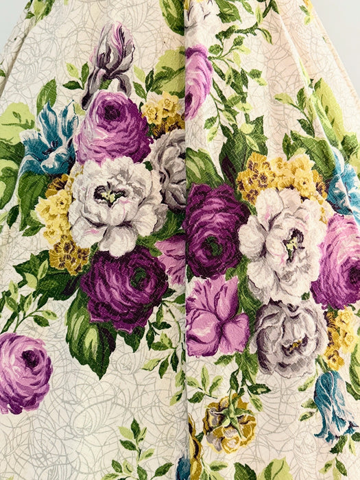 Rare 1950's Saison Happily Married Purple Rose Print Bark Cloth Dress / Waist 28"