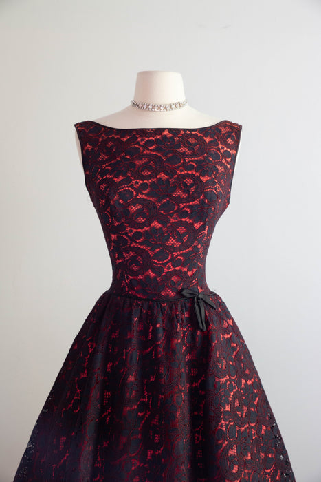Fabulous Early 1960's Lace Party Dress In Black & Fire Engine Red / Small