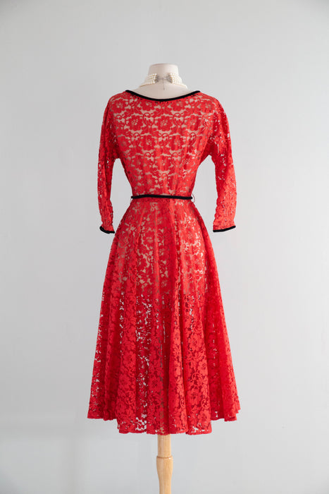 Stunning 1950’s Scarlet Lace Full Skirt Cocktail Dress / SM