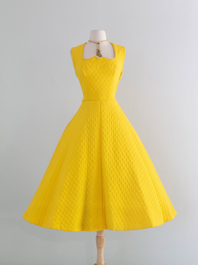 Iconic 1950's Carolyn Schnurer Lemon Yellow Quilted Dress With Full Sk –  Xtabay Vintage