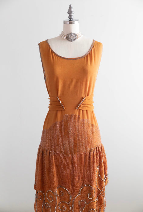 Rare 1920's Beaded French Flapper Dress in Saffron Silk By Bab / SM