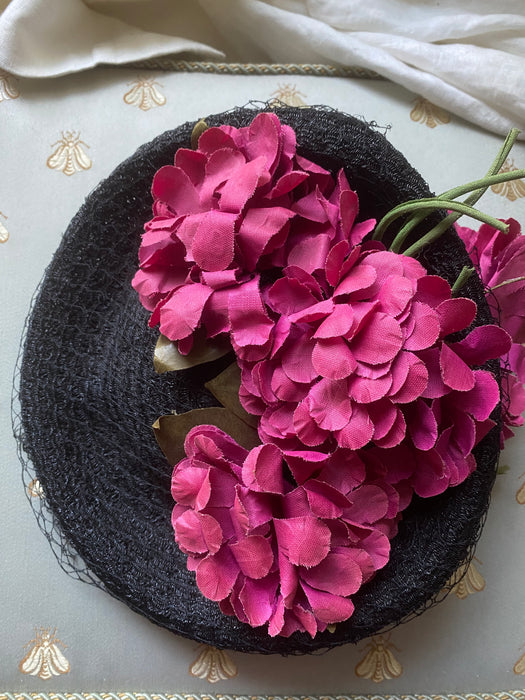 Glamorous 1940's Black Straw Hat With Dramatic Veiling & Millinery Flowers